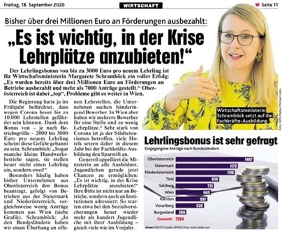 Bereits über drei Millionen Euro Lehrlingsbonus ausbezahlt